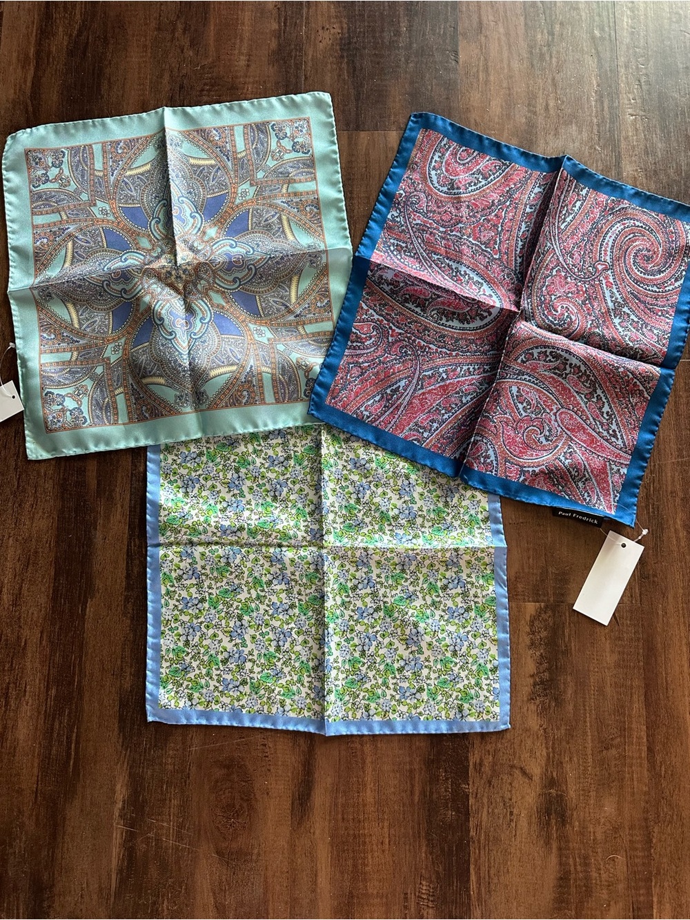 Set of 3 Silk Pocket Squares purse scarf - Paisley, Floral & Geometric